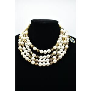 Vintage NWT Vassar Original Statement Necklace Faux Pearl Crystal Layered Bin3